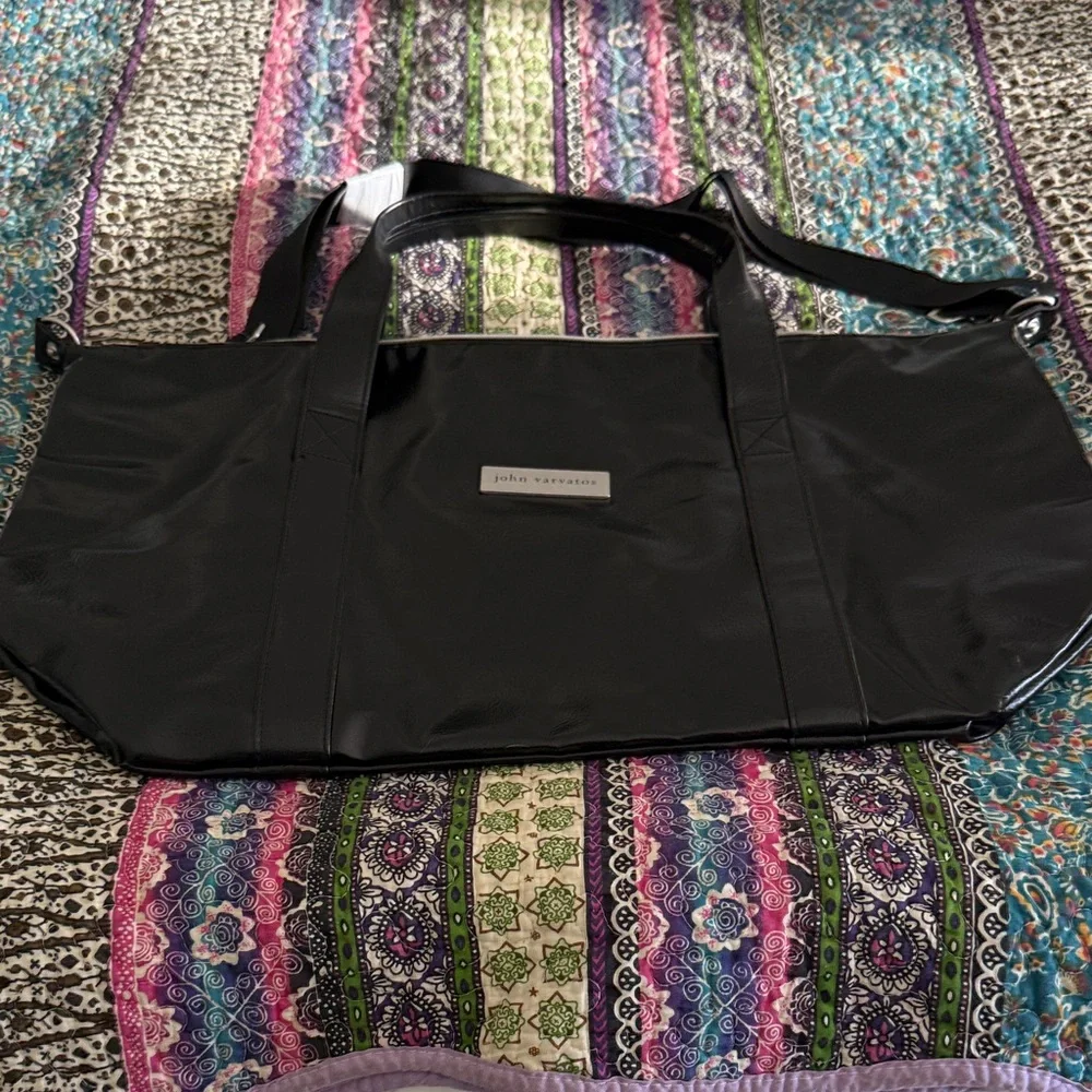 John Varvatos Black Glossy Faux Leather Duffel